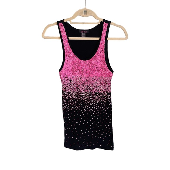 G-lish Tops - GLISH Womens Pink Black Sequins Embellished Cotton Rib Knit Tank Top Medium